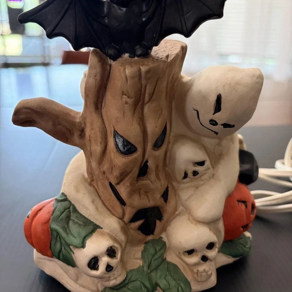 Vintage Halloween Tree Porcelain Night Light Pumpkin Skull Crow Works